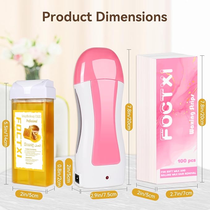 Roll On Waxing Kit for Sensitive Skin - Hair Removal with 2 Honey Soft Wax Cartridges and 100 Non-Woven Wax Strips, 10 Wipes