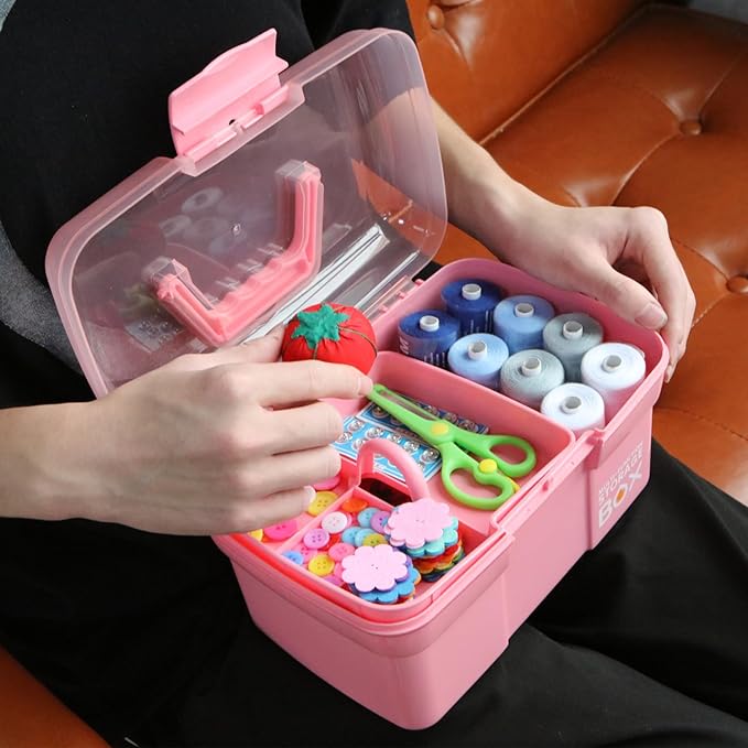 11in Mutipurpose Storage Box Organizer with Removable Tray, Portable Small Craft Organizer with Handle, Plastic Clear Tool Box Art Case for Makeup, Sewing, Nail, Hair Accessories (Pink)
