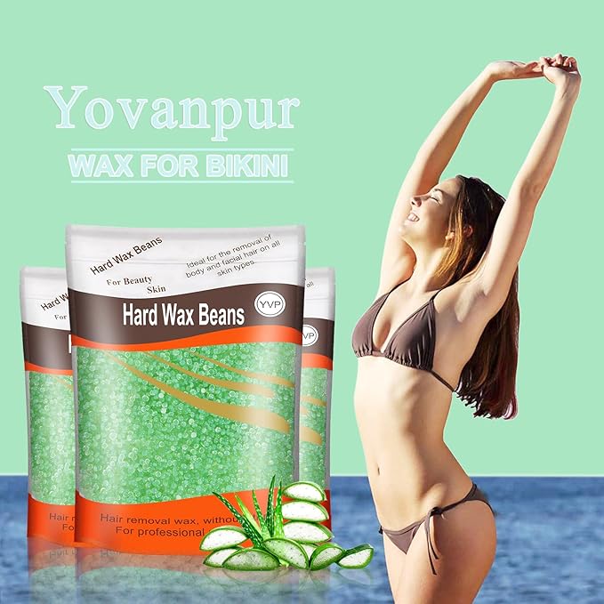 Hard Wax Beads for Brazilian Waxing, At Home Pearl Wax for Bikini, Face, Eyebrow, Legs - 300g (10 Oz) with 10 Wax Spatulas (Light Green-Aloe)