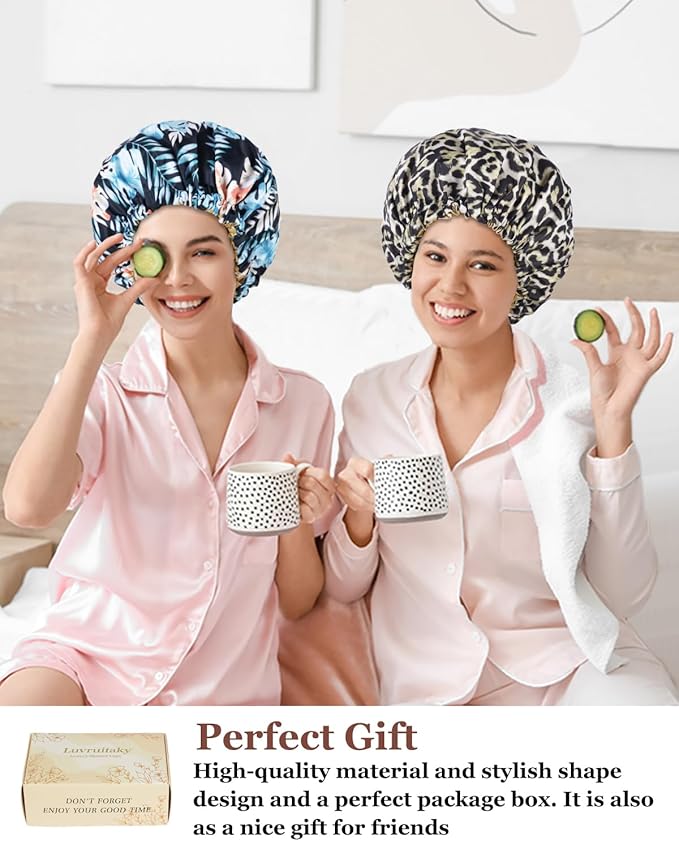 Shower Caps for Women Waterproof Reusable… (Black Palm)