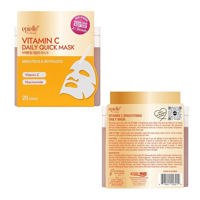 Epielle Vitamin C Korean Face Masks 20 Pack - Brightening Sheet Masks with Niacinamide for Dark Spots & Glowing Skin, Thanksgiving Essentials & Stocking Stuffers for Women