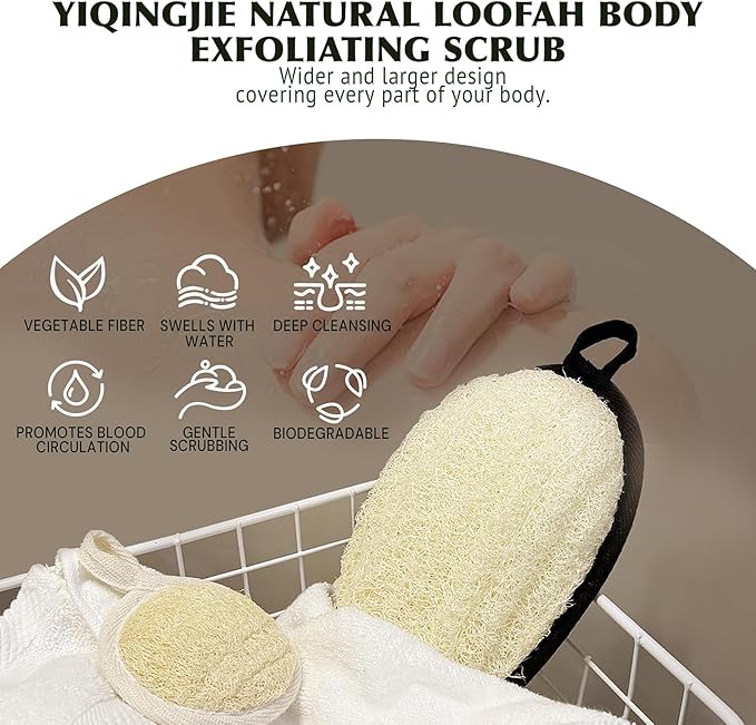 Natural Shower Loofah Sponge Exfoliating Body Scrubber,Natural Organic Beauty Exfoliating Loofah for Men and Women, Suitable for Cleansing Face Scrubber and Body Bath,Large Black(2 Pack)