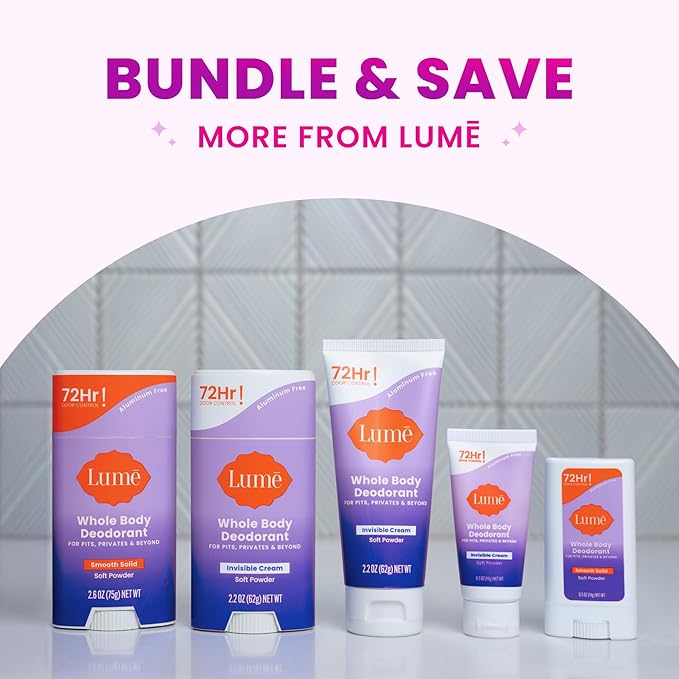 Lume Whole Body Deodorant - Smooth Solid Stick - 72 Hour Odor Control - Aluminum Free, Baking Soda Free and Skin Safe - 2.6 Ounce (Pack of 2) (Soft Powder)