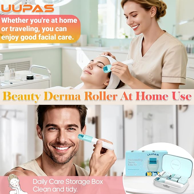 Derma Roller Set - UUPAS 10 in 1 Microneedling Roller Kit for Face, Body, Hair, Beard and Scalp - Ice Face Rollers for Women and Men with Storage Case