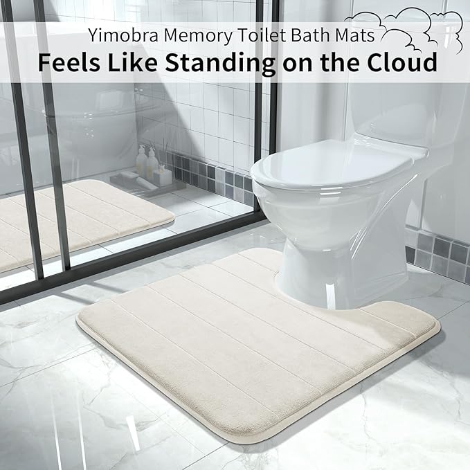 Yimobra Memory Foam Toilet Bath Mat U-Shaped, Soft and Comfortable, Super Water Absorption, Non-Slip, Thick, Machine Wash and Easier to Dry for Bathroom Commode Contour Rug, 24 X 24 Inches, Cream