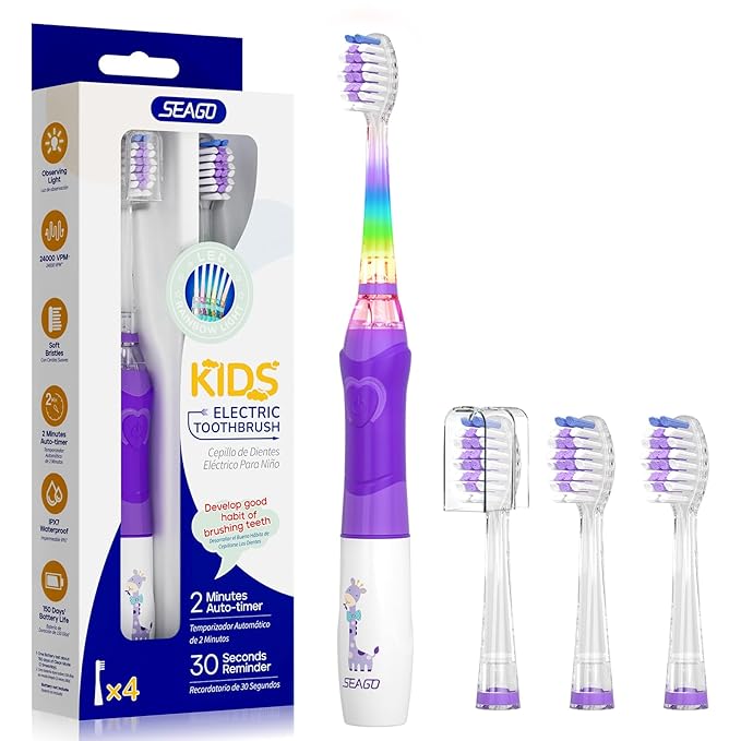 SEAGO Kids Electric Toothbrush with 2 Mins Brushing Timer and 4 Replacement Bursh Heads,Rainbow LED Light Make Brushing Fun, Purple Color Girls Battery Powerd Toothbrush for 4-12 Years Old,SG-977