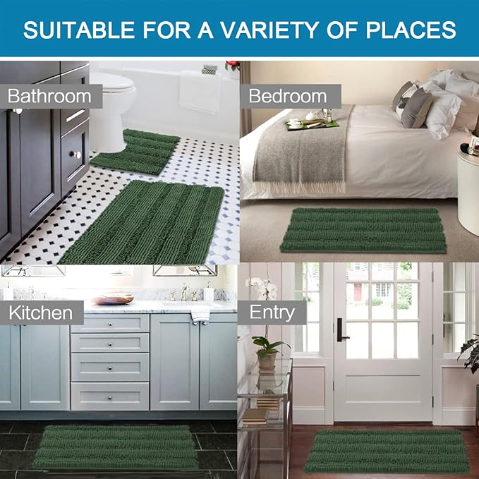 H.VERSAILTEX Bathroom Rugs Bath Rug Set 2 Piece Bathroom Contour Rug Toilet Mat Sets Non Slip Contour Bath Rug Ultra Thick Water Absorbent Striped Bath Mats(20" x 32" Plus 20" x 20" U, Bronze Green)