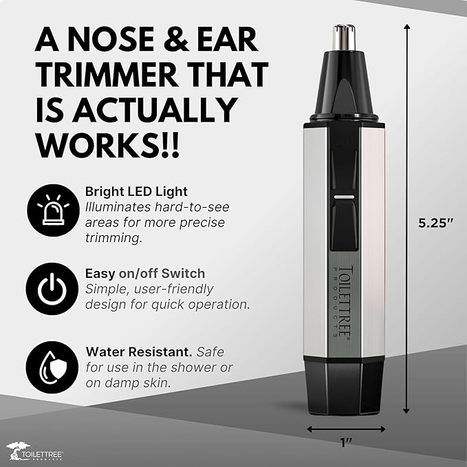 ToiletTree Products Nose Hair Trimmer with LED Light - Stainless Steel, Heavy-Duty Casing - Ear & Nose Hair Trimmer - Men's Grooming Trimmer for Beard, Eyebrows, and Ears