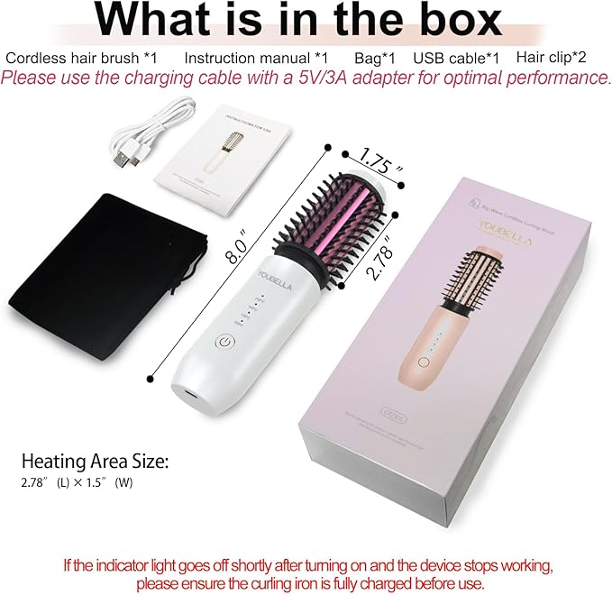 Youbella Cordless Hair Curling Iron Brush, Mini Travel Hot Straightener Comb, 3-in-1 Portable Wave Curling Wand, 1.5″ Ionic Heated Brush, USB Rechargeable Hair Curler, White – No Automatic Rotation