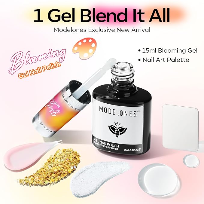 modelones Blooming Gel Nail Polish 15ML with Nail Art Palette, Clear Blooming Gel for Spreading Effects Floral Print Marble Watercolor Design Mix Color Glitter Power Nail Art DIY Manicure Home