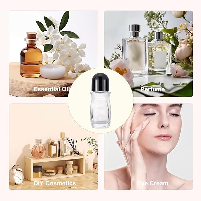 4 Pack 50mL Clear Glass Roller Bottles for Deodorant, Essential Oil Roll On Bottles, Leak-Proof Refillable Rollerball Containers with Black Caps, Travel DIY Perfume Applicator