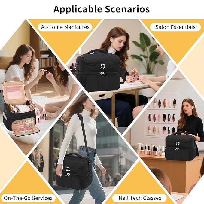 Nail Polish Organizer, Nail Organizers And Storage Bag Holds 48 Bottles & Full Size Nail Lamp, Double Layer Nail Tech Travel Case for Nail Supplies & Manicure Kit & Pedicure Tools (Black, 48 Slots)