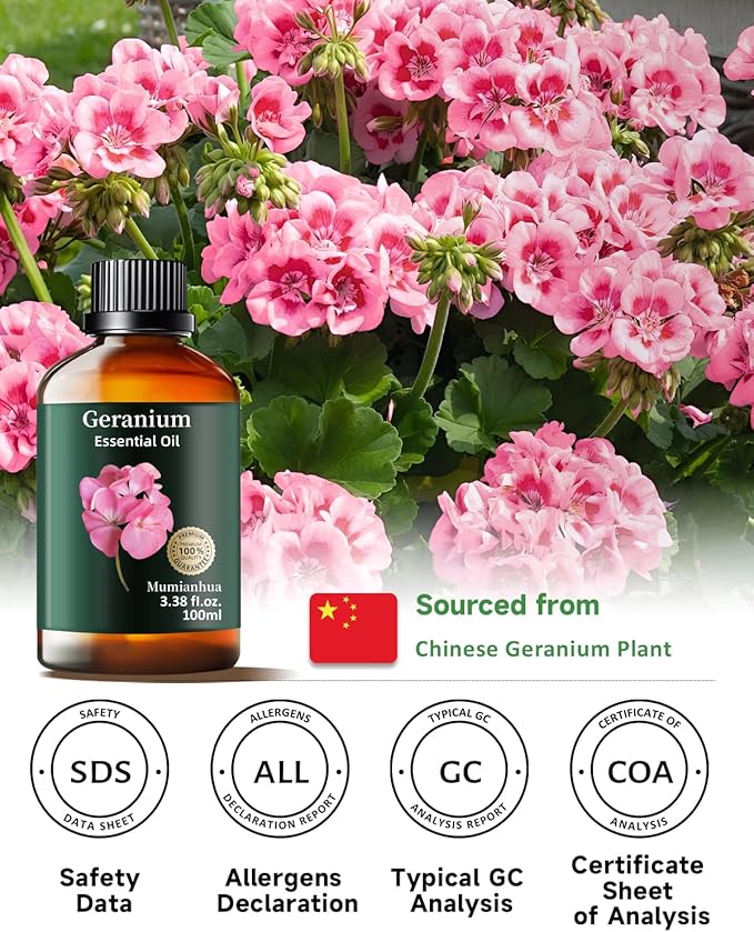 Pure Geranium Essential Oil, Mumianhua Natural Rose Geranium Oil for Reed Diffuser, Air Freshener, Massages,Relaxation, Garden Freshness, Outdoor Ambiance, Skin, Hair, Soap, Candles Making 3.38 Fl oz