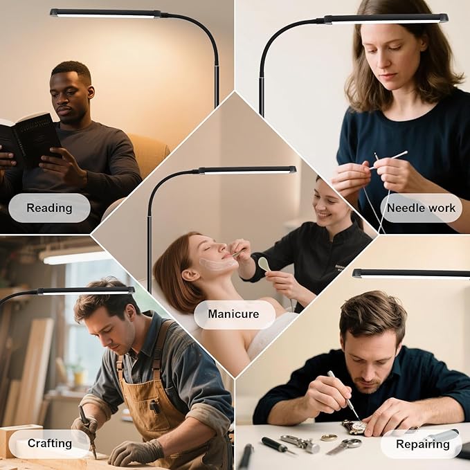 Modern LED Floor Lamp for Reading in Black, Bright 12W Dimmable Standing Light with Adjustable Gooseneck, 3 Color Temperatures, for Living Room corner, Office, Study Room, bedroom bedside nursery,lash