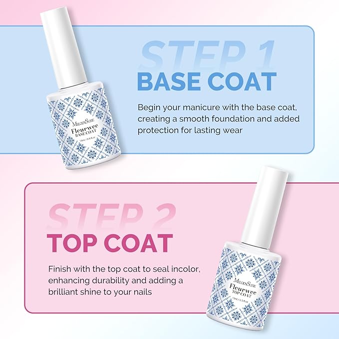 MelodySusie Fleurwee No Wipe Glossy Top Coat & Base Coat Gel Nail Polish Hema Free 21 Non Toxic Soak off UV Long Lasting No Chip Gifts for Women Finger Toe Nail Polish (Pack of 2)