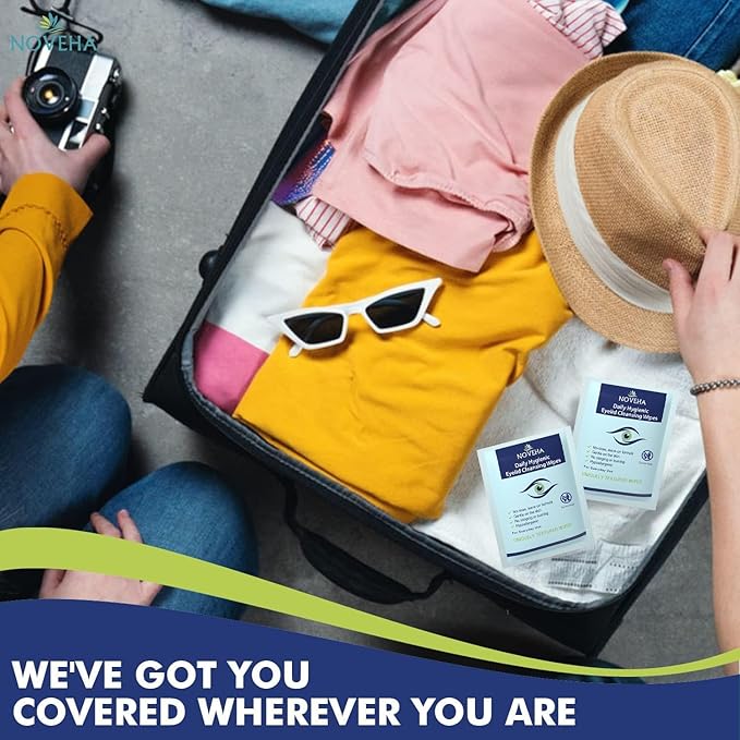 NOVEHA 180Pcs Daily Hygienic Eyelid & Lash Wipes | 120 Individually Wrapped Cleansing Eyelash Wipes - For Blepharitis & Itchy Eyes, Demodex and Natural Makeup Remover & Daily Cleanser (3 Pack)