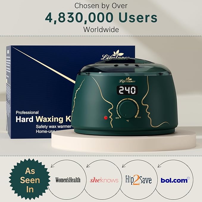 Lifestance Waxing Kit for Women & Men - L3 Emerald Alloy Digital Warmer, Silicone Wax Pot Liner, Hair Removal Kit with 14.1oz Hard Wax Beads & Oil Spray Professional for Home Brazilian Bikini Face Leg