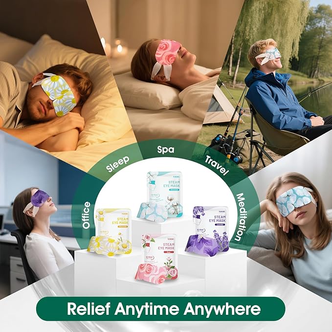 AROIC 60 Pack Steam Eye Masks Disposable for Dry Eyes, Heated Eye Mask Warm Compress for Eyes, Relaxation Gifts, Travel Essentials - Lavender, Unscented, Chamomile, Rose