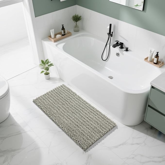 Yimobra Long Bathroom Rugs Non Slip Washable 44x24 Inch - Ultra Soft Absorbent Chenille Bath Mat, Quick Dry Shaggy Floor Carpet for Tub Shower, Sand Home Decor Accessories