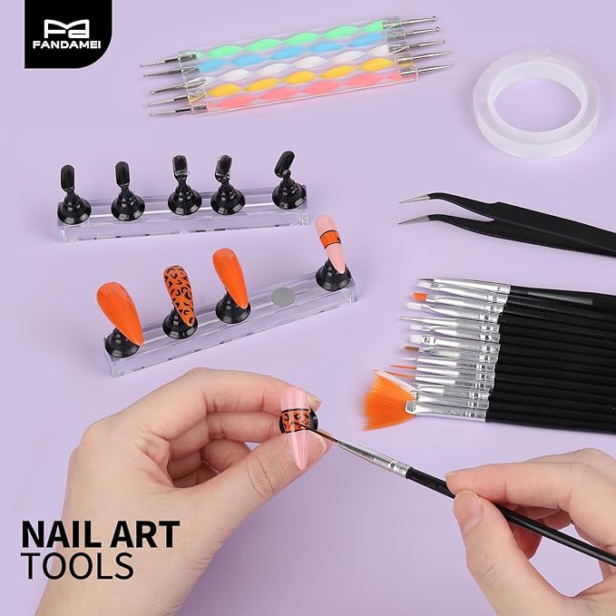 FANDAMEI Nail Art Tools, Nail Brush, 15 PCS Nail Art Brushes, 5 PCS Nail Dotting Tool, Nail Stand, Nail Holder For Painting Nails, Nail Tools, Nail Design Tools, Black