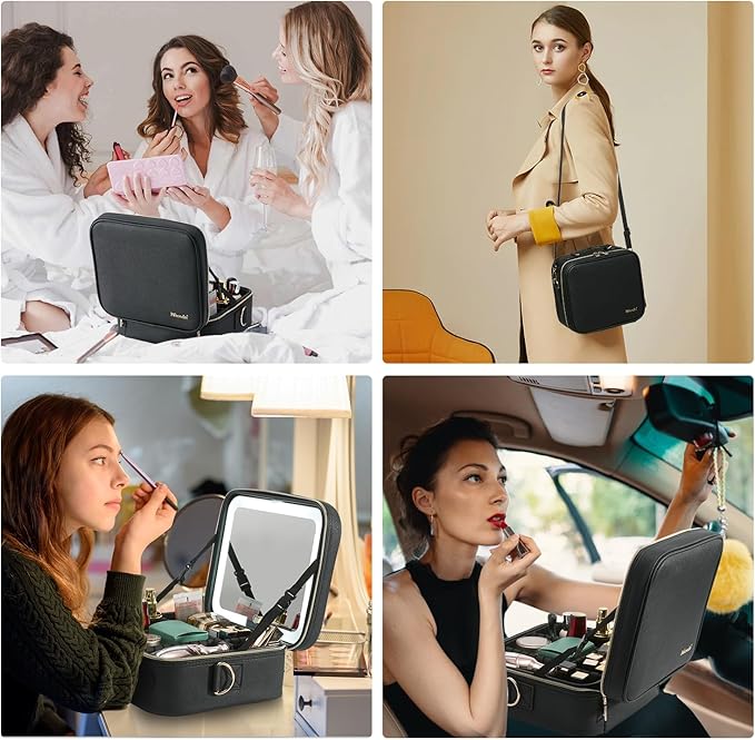 Mocado Travel Makeup Bag with LED Lighted Mirror,Travel Makeup Organizer,Makeup Case with 8 Makeup Brushes and 10x Magnifying Mirror,3 Colors Lighting, Adjustable Dividers Makeup Box(Black)