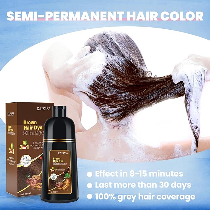 IIIMEIDU Brown Hair Dye Shampoo for Gray Hair, 3 in 1 Herbal Ingredients Natural Shampoo Hair Dye for Women Men, Grey Coverage 500ml
