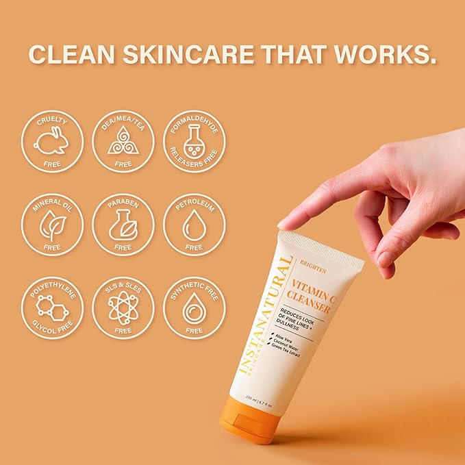 InstaNatural Vitamin C Cleanser | All Natural Face Wash, Brightens Skin, Good for Uneven Texture, USA Made with Coconut Water and Aloe Vera, 6.7 FL Oz