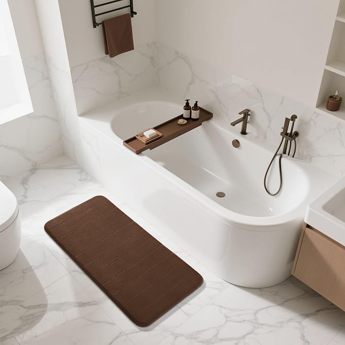 Yimobra Long Bath Mat 44"x24", Super Soft Quick Dry Memory Foam Bathroom Rug, Water Absorbent, Non Slip Backing Machine Washable for Tub Shower, Thick Comfort Support, Brown