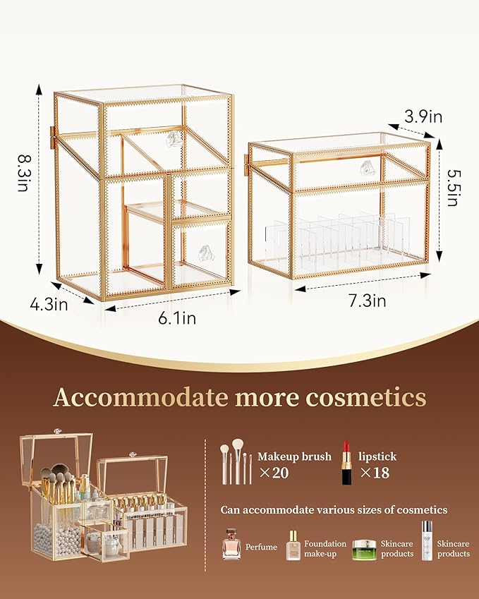Tempered Glass Makeup Organizer – Clear Vanity Organizer with 18-Slot Lipstick Holder & Brush Organizer, Skincare and Perfume Storage for Dresser, Bathroom, and Countertop Use
