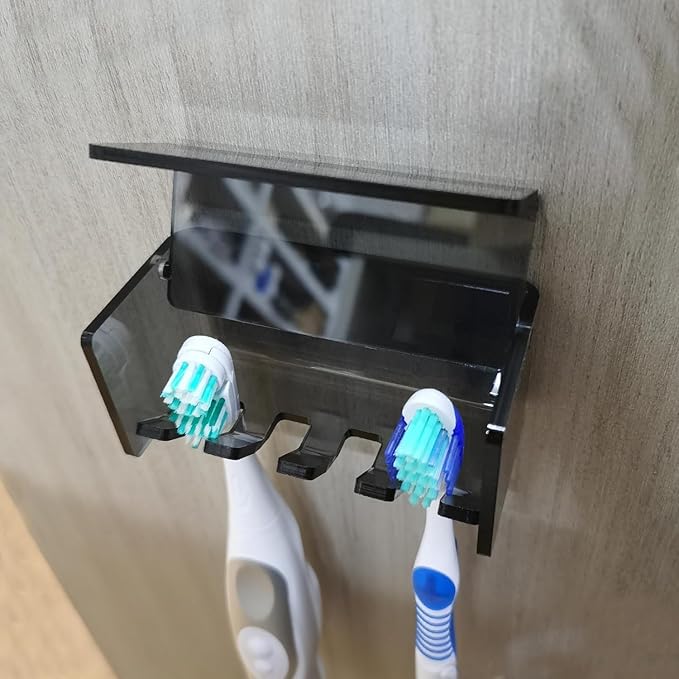 Toothbrush Holder Wall Mounted with Cover for Bathroom, 4 Slots Toothbrush Storage Organizer for Shower, Self Adhesive Toothbrush Hanger Rack for Dorm, Cabinet (Gray Clear)