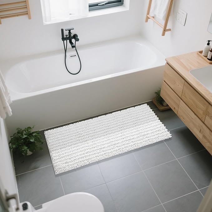 Yimobra Bathroom Runner Rug 55x24 Inch - Extra Long Non Slip Chenille Bath Mat, Soft & Absorbent, Machine Washable Shaggy Hallway Carpet for Vanity Tub Shower, White Home Decor Accessories