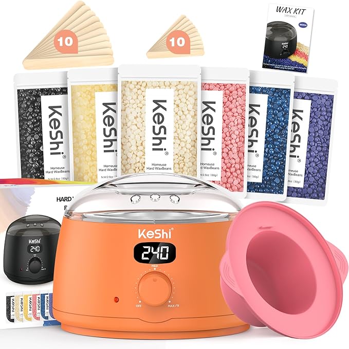 KeShi Waxing Kit for Women and Men, Digital Wax Warmer with 6 Bags Hard Wax Beads, at-Home Hair Removal Wax Kit for Full Body, Face, Eyebrow, Bikini, Legs, Brazilian & Sensitive Skin(Vital Orange)