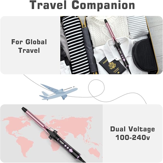 3/4 Inch Curling Iron for Short Hair, Dual Voltage Hair Curling Iron Ceramic, Professiona Curling Wand Tourmaline(Rose Gold)