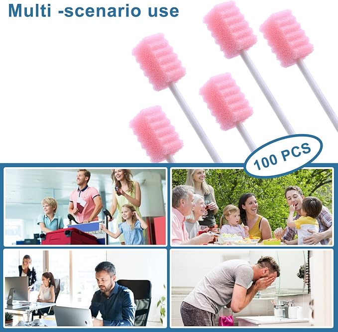 100 Pcs Disposable Mouth Swabs Sponge, BVN Oral Swabs, Oral Care Swabs Disposable, Mouth Swabs, Unflavored and Sterile Disposable Dental Swabsticks for Mouth Cleaning, Sawtooth-Shaped Pink.