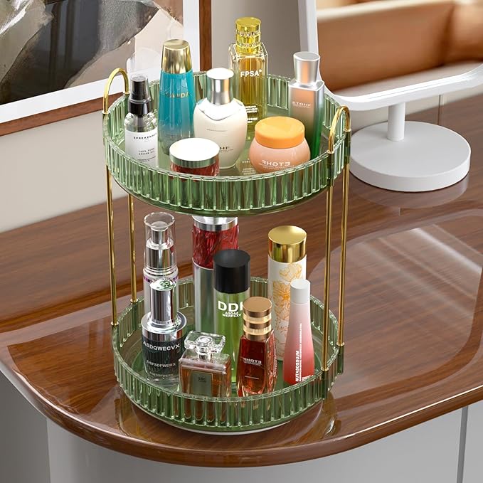 GTI 360°Rotating Makeup Organizer, 2 Tier Bathroom Counter Organizer,Large Capacity Perfume Cosmetics Skincare Vanity Organizers, Dresser Spinning Countertop Organizer and Storage for Women (Green)