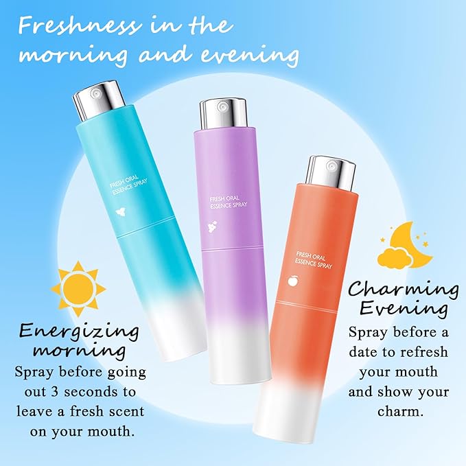 3PCS Breath Fresheners,Peach,Grape,Mint Flavors Fresh Breath Spray for Oral Care,Travel Size Mouth Rinse Fresheners,Refreshing Mini Mouth Sprays for Carrying Around