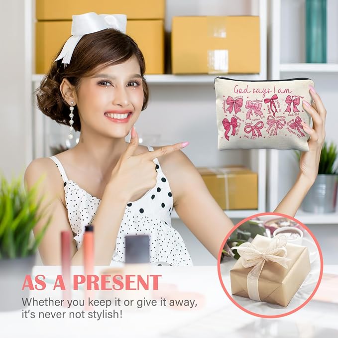 God Says I am Christian Makeup Bag for Women, Christian Gifts for Women Faith, Jesus Coquette Pink Bow Cosmetic Bag for Purse, Bible Verse Makeup Zipper Pouch