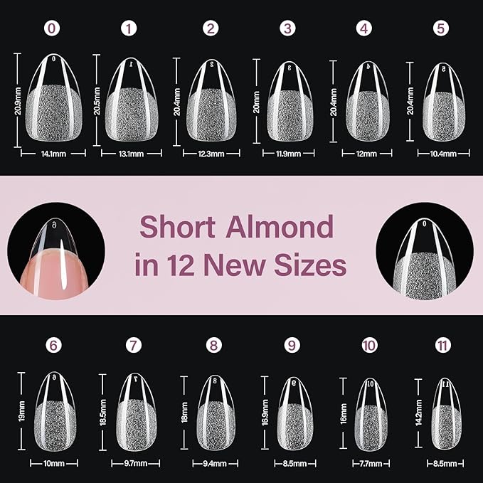 Misssix Short Almond Gel Nail Tips Kit, 216Pcs Pre Etched Clear Fake Nails, Full Cover False Nail 9-in-1 Gel Glue and Portable Mini U V Nail Lamp for Women 12 Sizes