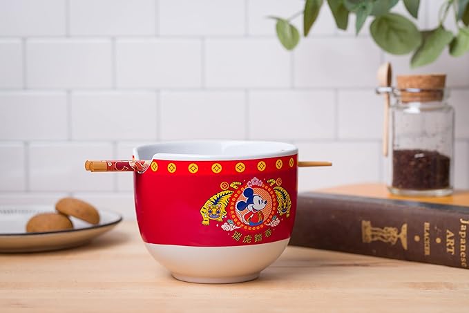Silver Buffalo Disney Mickey Mouse Lunar Chinese New Year Tiger Ceramic Ramen Noodle Rice Bowl with Chopsticks, Microwave Safe, 20 Ounces