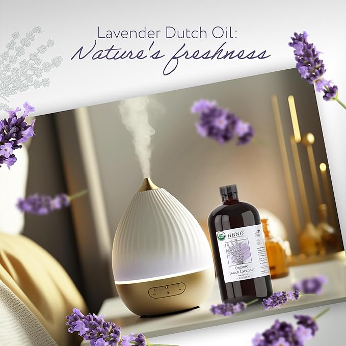 HBNO Organic Lavender Dutch Oil - 32 oz (950 ml) Large Size - Ideal for Shampoos, Conditioners, Mouth Washes, Face wash, Lotions, and Skin Care Products (Glass Bottle).