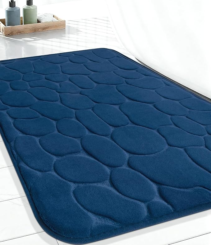 YIHOUSE Memory Foam Bath Mat Cobblestone Bathroom Rugs Super Water Absorbent Bath Mats for Bathroom Machine Washable Bath Rugs(20x32,Dark Blue)