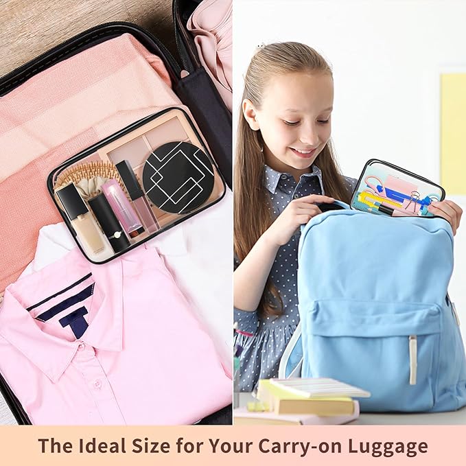 TISRATOK 12 PCS Clear Makeup Bag for Women with Zipper, TSA Approved Toiletry Pouch, Cosmetic Bag Bulk for Travel Organizer Essentials - Black,Medium