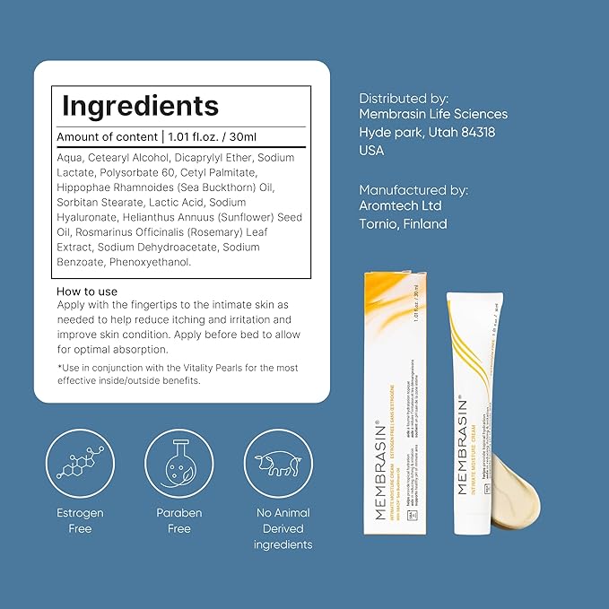Membrasin Vaginal Moisture Cream with Hyaluronic Acid, Relieves Vaginal Dryness, Itching and Burning, Menopause Support, Hormone Free, Plant Based Formula with Omega 3 6 7 9 and Vitamin E, 30 ml