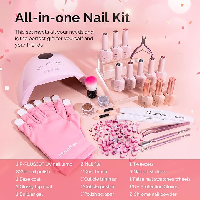 MelodySusie Gel Nail Polish Kit with UV Light P-PLUS30F- Popular Color Gel with Builder and Baser &Glossy Top Coat Soak Off Includes Nail Art Tools Nail Art Gift for Women & Girls