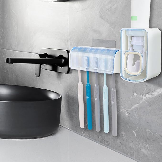 5 Slots Wall Mount Toothbrush Holder with Cover, Self Adhesive Toothbrush Storage Organizer for Shower, Toothbrush Hanger with Automatic Toothpaste Squeezer Dispenser(White + Blue)