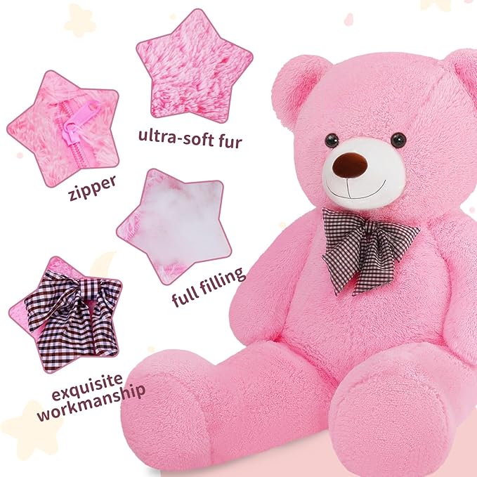 Giant Pink Teddy Bear 45 inch Stuffed Animals Plush Toy, Cute Life Size Big Soft Bear for Boy Girl Birthday Valentine Mother's Day, 4.5 LBs