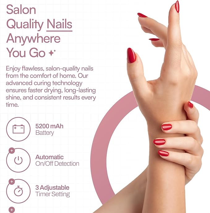 M - HaloLite LED Nail Curing Lamp 98W, 32 LEDs, Wireless Rechargeable with 5200mAh Battery, Fast UV/LED Gel Nail Dryer for Salon & Home Use, Long-Lasting, Portable, Cordless Design (Pink)