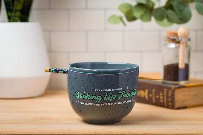 Silver Buffalo Disney Villains Featuring Ursula, Evil Queen, and Yzma Cooking Up Trouble Ceramic Ramen Noodle Rice Bowl with Chopsticks, Microwave Safe, 20 Ounces