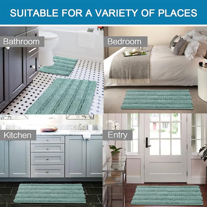 H.VERSAILTEX Bathroom Rugs Bath Rug Set 2 Piece Bathroom Contour Rug Toilet Mat Sets Non Slip Contour Bath Rug Ultra Thick Water Absorbent Striped Bath Mats(36" x 24" Plus 20" x 24" U, Eggshell Blue)