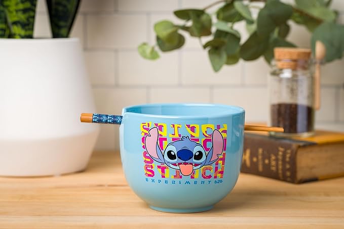 Silver Buffalo Disney Lilo and Stitch Experiment 626 Ceramic Ramen Noodle Rice Bowl with Chopsticks, Microwave Safe, 20 Ounces